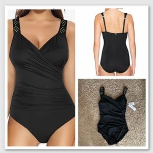 NEW Jantzen Women's Draped Solids Surplice 1-pc Swimsuit Black Size 10 M Modest